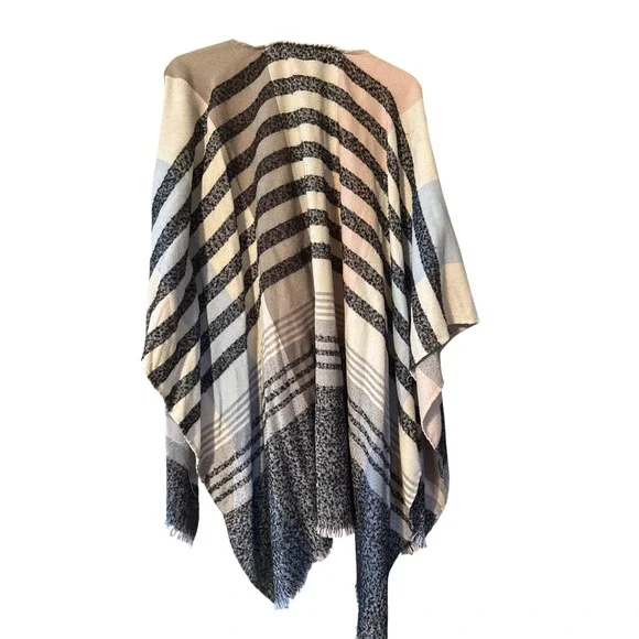 Striped Plaid Blanket Poncho Shawl Wrap Cape Ruana Duster Cardigan Women - Picture 3 of 3